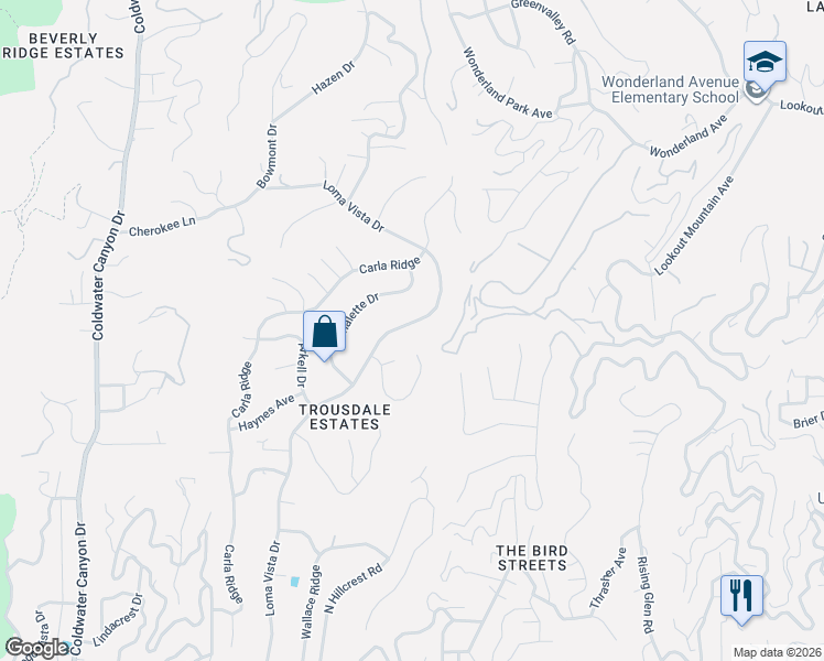 map of restaurants, bars, coffee shops, grocery stores, and more near 1820 Loma Vista Drive in Beverly Hills