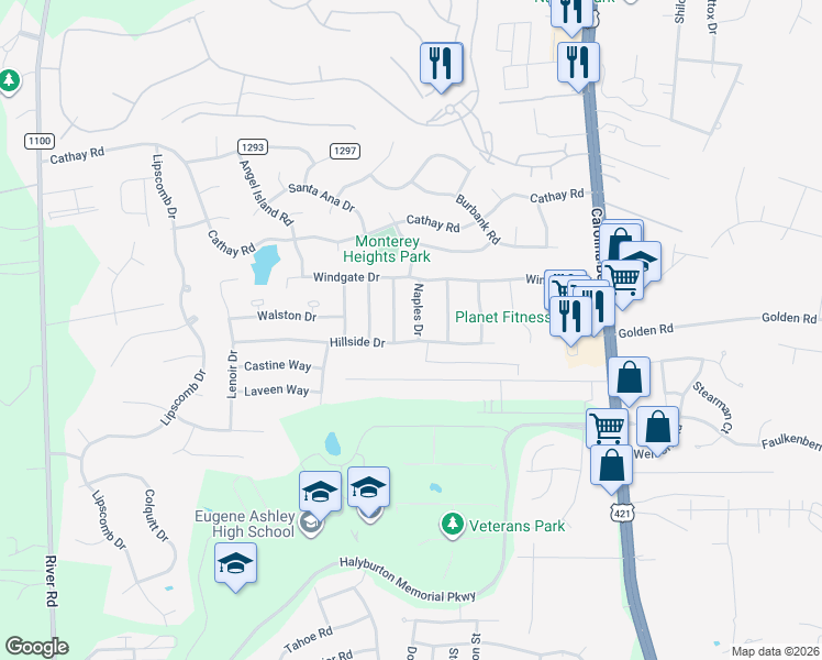 map of restaurants, bars, coffee shops, grocery stores, and more near 6333 Naples Dr in Wilmington