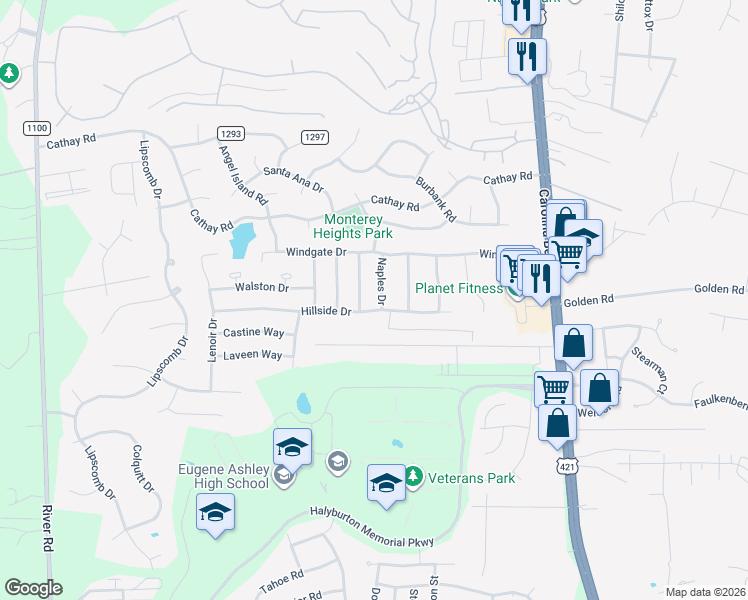 map of restaurants, bars, coffee shops, grocery stores, and more near 6333 Naples Dr in Wilmington