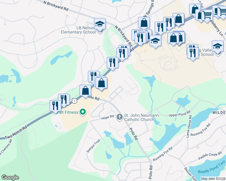 map of restaurants, bars, coffee shops, grocery stores, and more near 40 Coach Trail Lane in Columbia