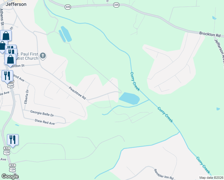 map of restaurants, bars, coffee shops, grocery stores, and more near 731 Peachtree Road in Jefferson