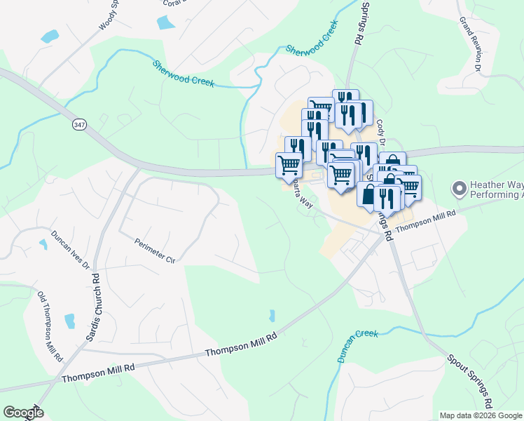 map of restaurants, bars, coffee shops, grocery stores, and more near 2715 White Rock Drive in Buford