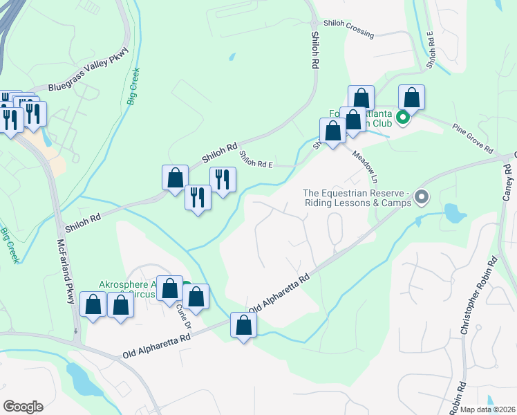 map of restaurants, bars, coffee shops, grocery stores, and more near 1365 Windhaven Drive in Alpharetta