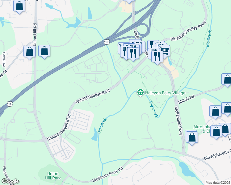 map of restaurants, bars, coffee shops, grocery stores, and more near 216 Estuary Trail in Alpharetta