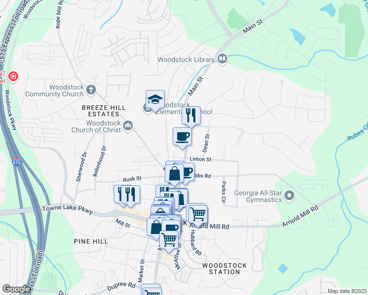 map of restaurants, bars, coffee shops, grocery stores, and more near 8200 Main Street in Woodstock