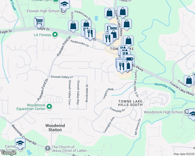map of restaurants, bars, coffee shops, grocery stores, and more near 511 Rising Drive in Woodstock