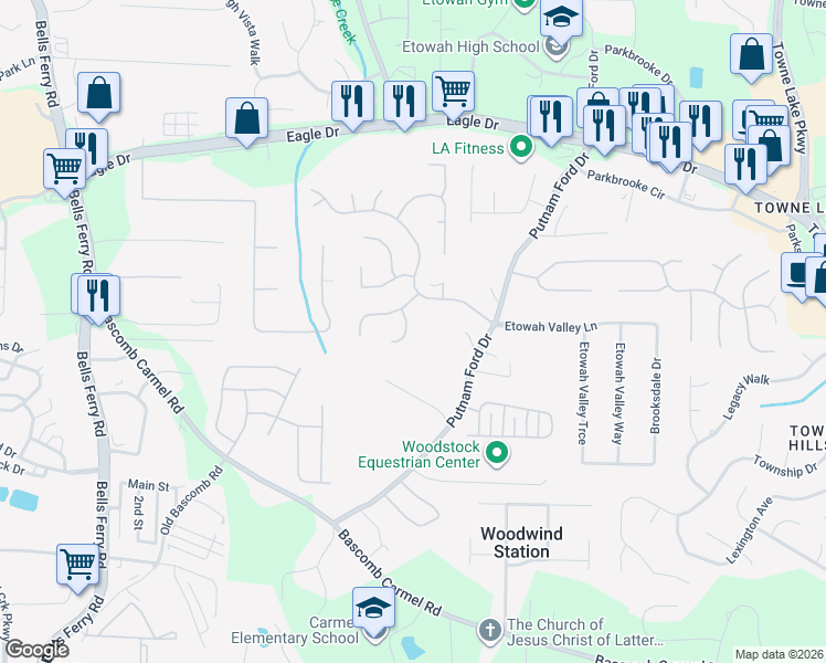 map of restaurants, bars, coffee shops, grocery stores, and more near 607 Sweet Basil Lane in Woodstock