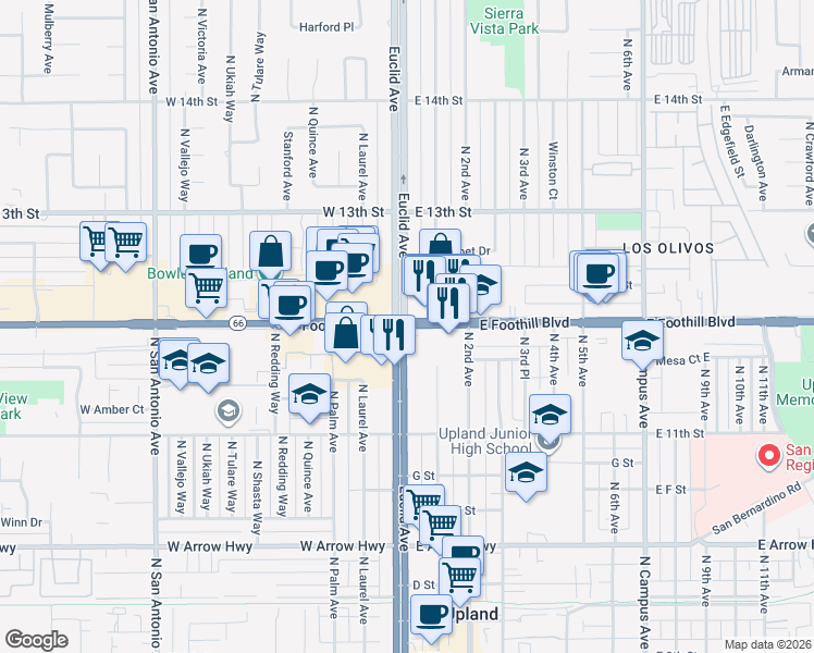 map of restaurants, bars, coffee shops, grocery stores, and more near 2 Foothill Boulevard in Upland