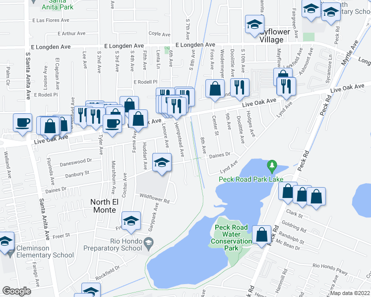 map of restaurants, bars, coffee shops, grocery stores, and more near 3122 Hempstead Avenue in Arcadia