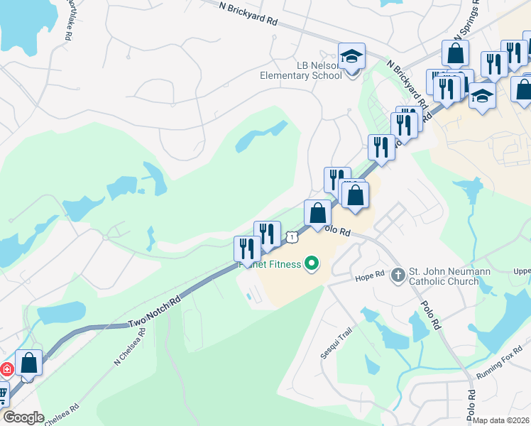 map of restaurants, bars, coffee shops, grocery stores, and more near 604 Southlake Road in Columbia