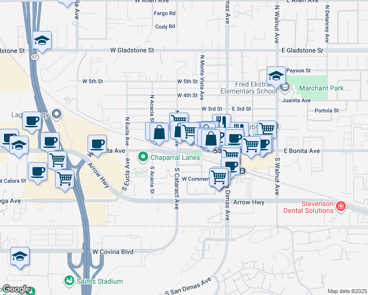 map of restaurants, bars, coffee shops, grocery stores, and more near 237 West Bonita Avenue in San Dimas