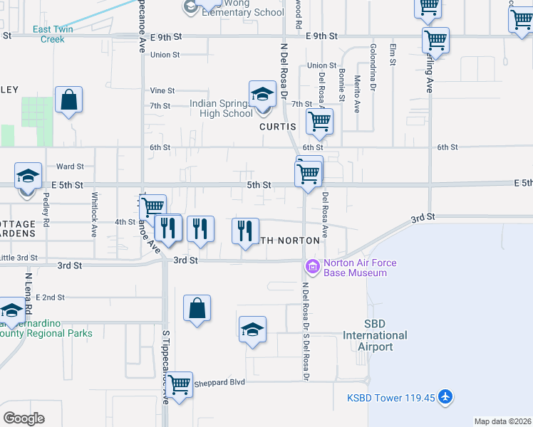 map of restaurants, bars, coffee shops, grocery stores, and more near 25276 4th Street in San Bernardino