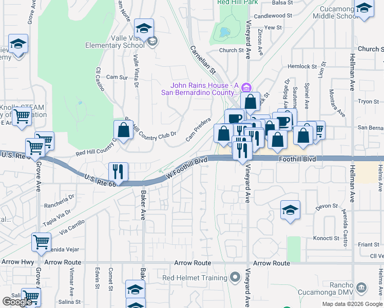 map of restaurants, bars, coffee shops, grocery stores, and more near 8086 Cresta Bella Road in Rancho Cucamonga