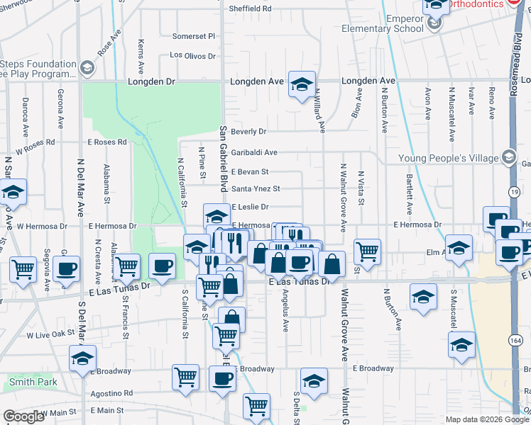 map of restaurants, bars, coffee shops, grocery stores, and more near 854 East Leslie Drive in San Gabriel
