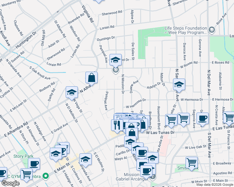 map of restaurants, bars, coffee shops, grocery stores, and more near 323 Bridge Street in San Gabriel