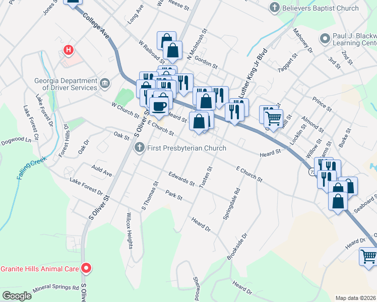 map of restaurants, bars, coffee shops, grocery stores, and more near 228 East Church Street in Elberton
