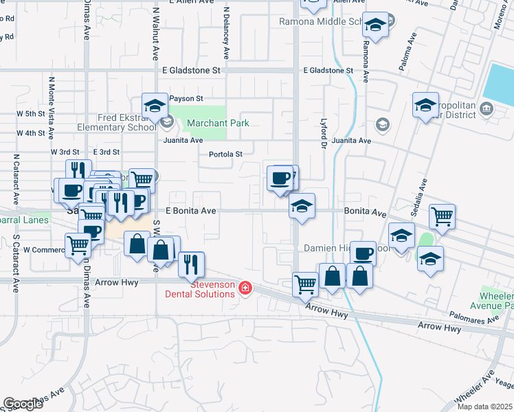 map of restaurants, bars, coffee shops, grocery stores, and more near 555A Damien Avenue in San Dimas