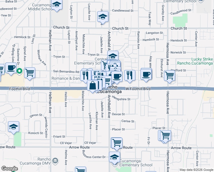 map of restaurants, bars, coffee shops, grocery stores, and more near 9688 Foothill Boulevard in Rancho Cucamonga
