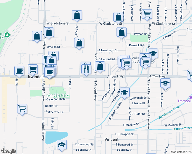 map of restaurants, bars, coffee shops, grocery stores, and more near Arrow Hwy & Vincent Ave in Irwindale