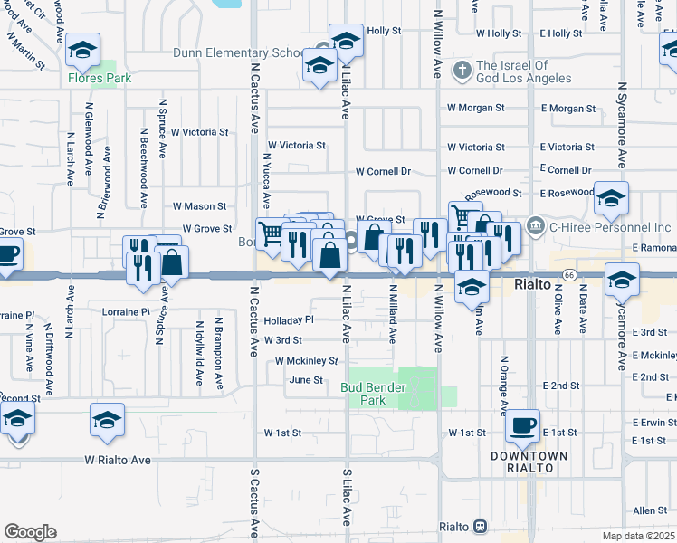 map of restaurants, bars, coffee shops, grocery stores, and more near 518 West Foothill Boulevard in Rialto