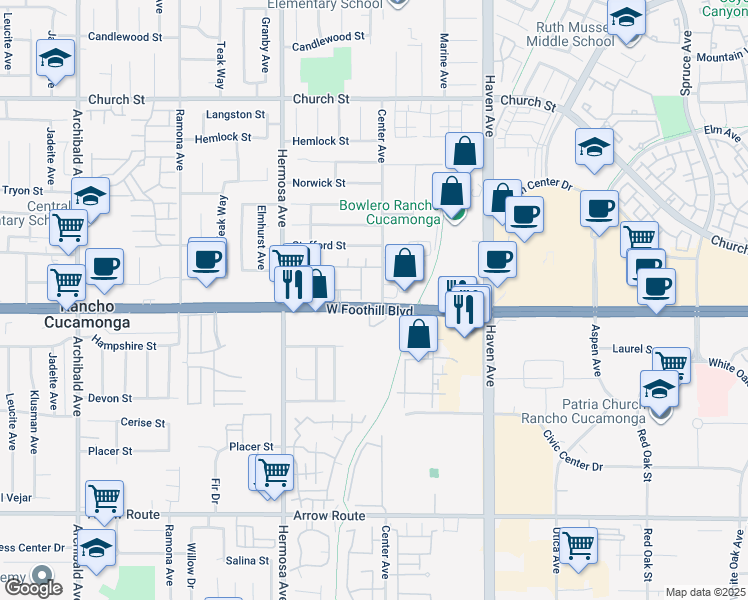 map of restaurants, bars, coffee shops, grocery stores, and more near 10276 Foothill Boulevard in Rancho Cucamonga