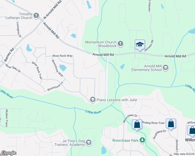 map of restaurants, bars, coffee shops, grocery stores, and more near 5021 River Rock Way in Woodstock