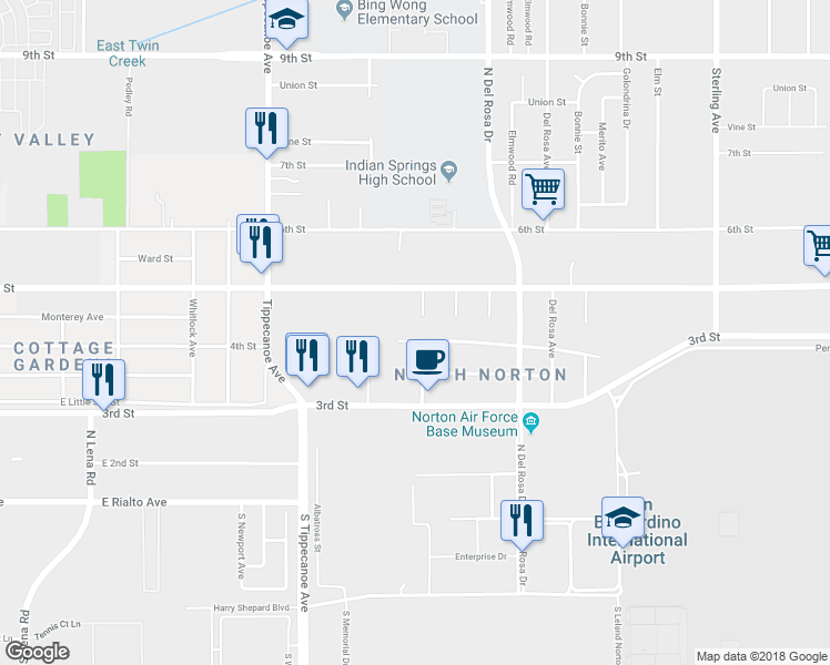 map of restaurants, bars, coffee shops, grocery stores, and more near 25154 4th Street in San Bernardino