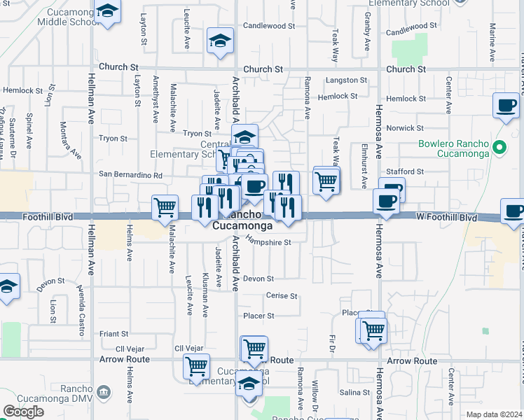 map of restaurants, bars, coffee shops, grocery stores, and more near 9770 Foothill Boulevard in Rancho Cucamonga