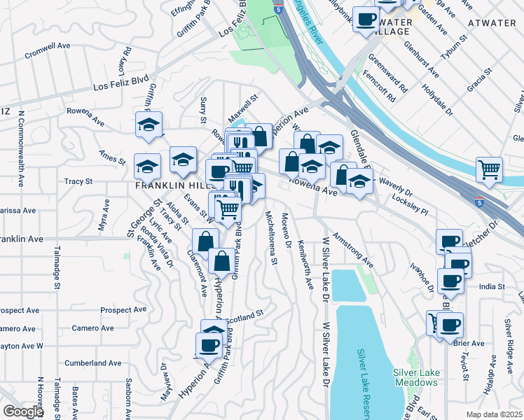 map of restaurants, bars, coffee shops, grocery stores, and more near 3003 Angus Street in Los Angeles