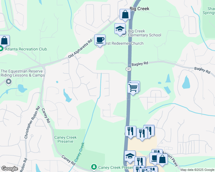 map of restaurants, bars, coffee shops, grocery stores, and more near 2910 Harbor Creek Court in Cumming