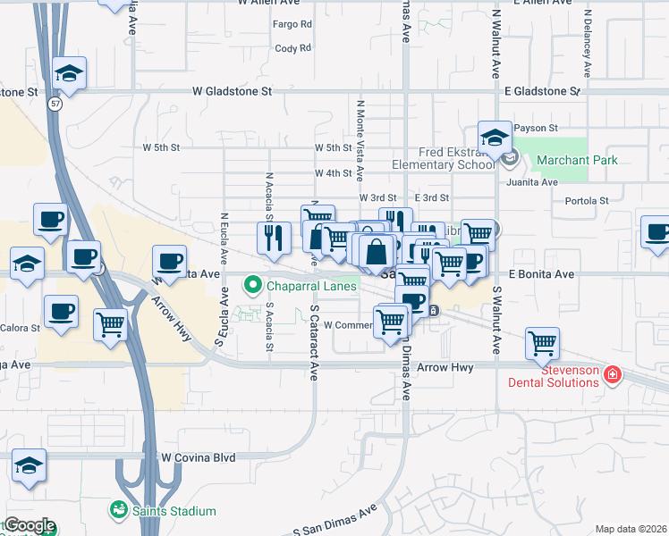 map of restaurants, bars, coffee shops, grocery stores, and more near 229 West Bonita Avenue in San Dimas