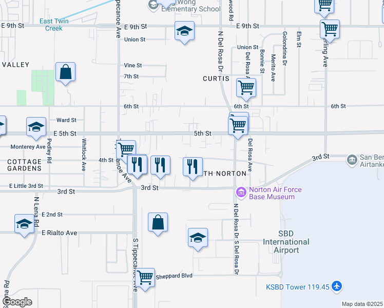 map of restaurants, bars, coffee shops, grocery stores, and more near 25218 4th Street in San Bernardino