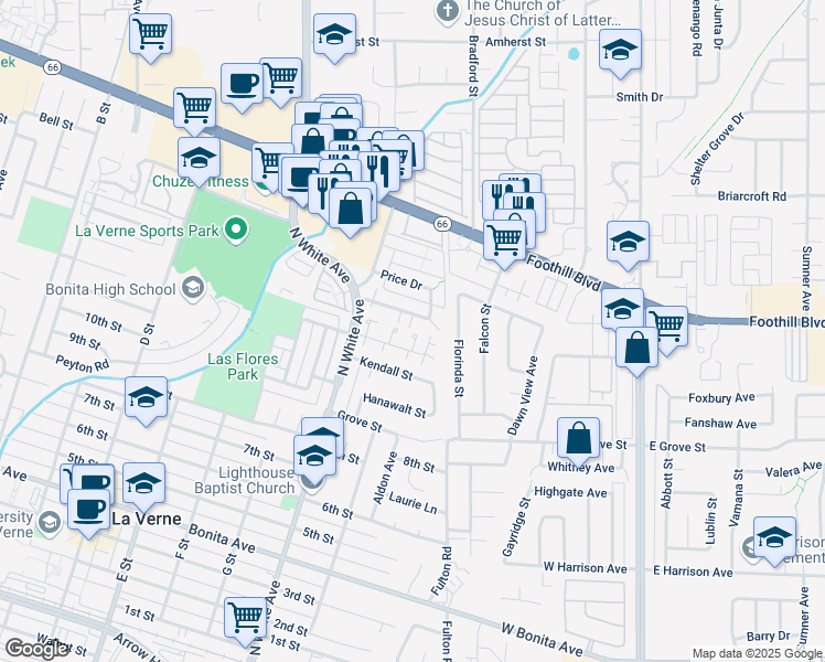 map of restaurants, bars, coffee shops, grocery stores, and more near 2625 College Lane in La Verne