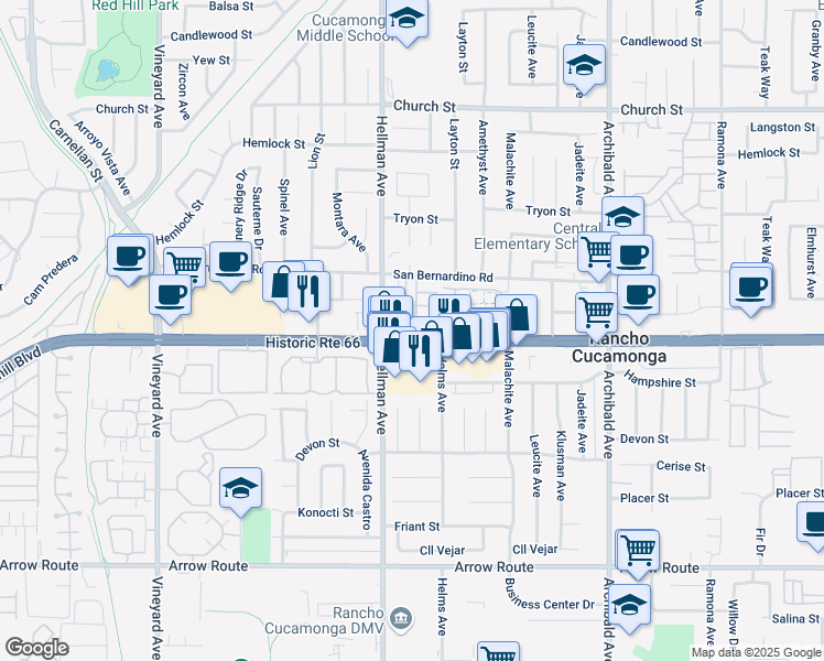 map of restaurants, bars, coffee shops, grocery stores, and more near 9340 Foothill Boulevard in Rancho Cucamonga