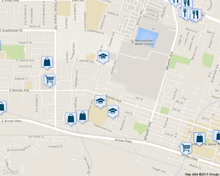 map of restaurants, bars, coffee shops, grocery stores, and more near 1213 Vega Circle in La Verne