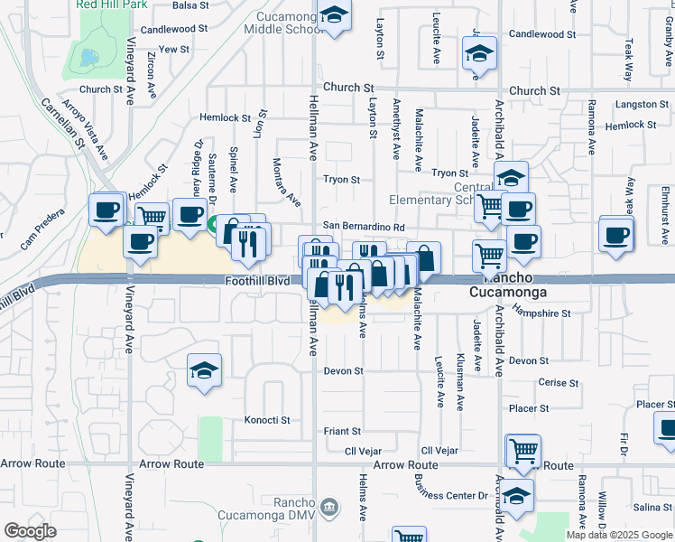map of restaurants, bars, coffee shops, grocery stores, and more near 9340 Foothill Boulevard in Rancho Cucamonga