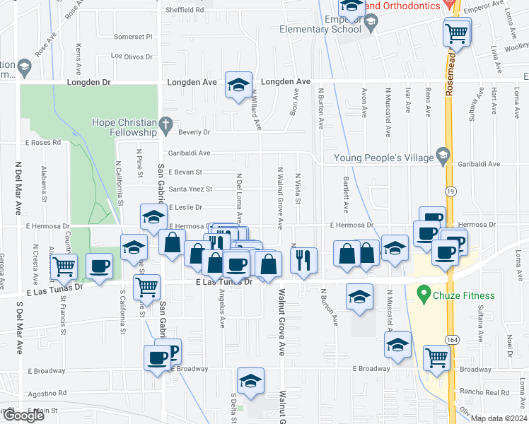 map of restaurants, bars, coffee shops, grocery stores, and more near 5918 North Willard Avenue in San Gabriel