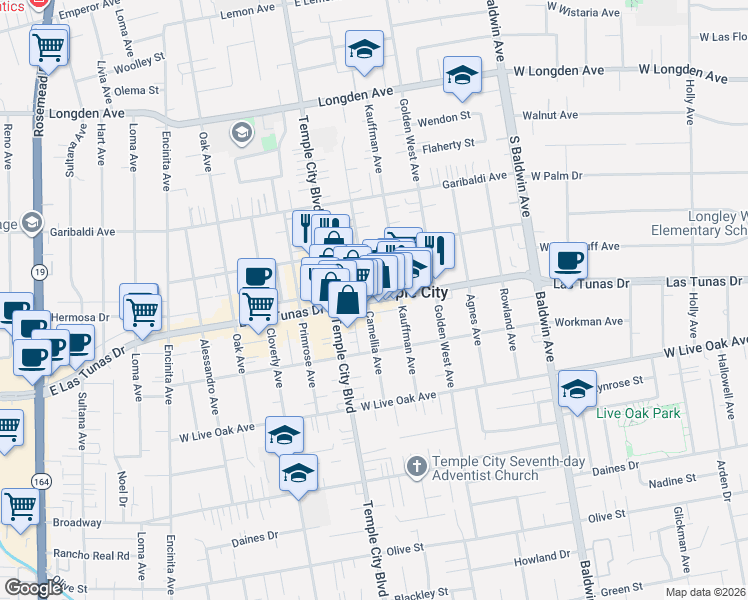 map of restaurants, bars, coffee shops, grocery stores, and more near 9653 E Las Tunas Dr in Temple City