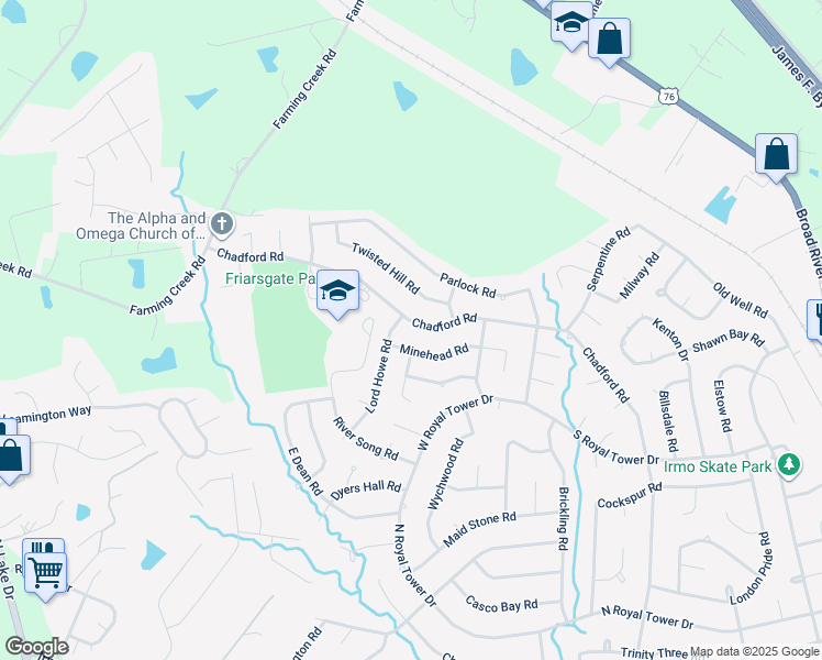 map of restaurants, bars, coffee shops, grocery stores, and more near 1342 Chadford Road in Irmo