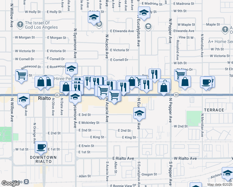 map of restaurants, bars, coffee shops, grocery stores, and more near 576 Foothill Boulevard in Rialto