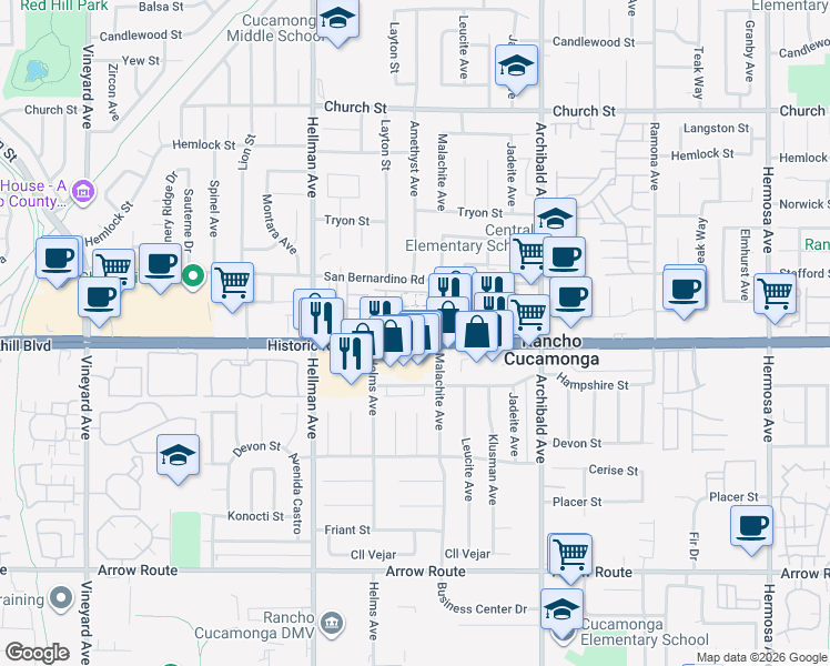 map of restaurants, bars, coffee shops, grocery stores, and more near 9471 Jack Rabbit Drive in Rancho Cucamonga