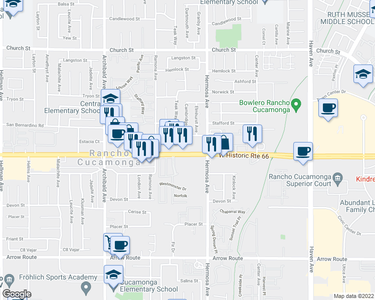 map of restaurants, bars, coffee shops, grocery stores, and more near 10028 West Historic Route 66 in Rancho Cucamonga