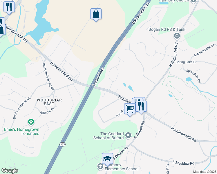 map of restaurants, bars, coffee shops, grocery stores, and more near 4231 Hamilton Mill Road in Buford