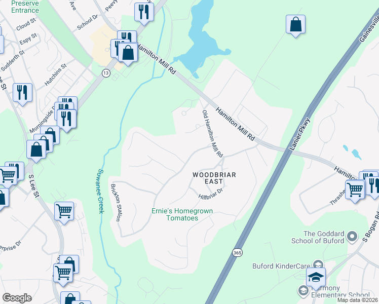map of restaurants, bars, coffee shops, grocery stores, and more near 2250 Brickton Station Northeast in Buford
