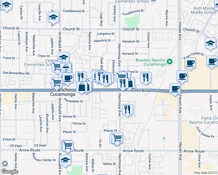 map of restaurants, bars, coffee shops, grocery stores, and more near 10028 Foothill Boulevard in Rancho Cucamonga