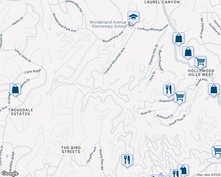 map of restaurants, bars, coffee shops, grocery stores, and more near 8875 Appian Way in Los Angeles