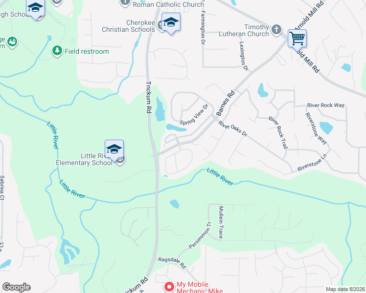 map of restaurants, bars, coffee shops, grocery stores, and more near 101 Riverside Lane in Woodstock