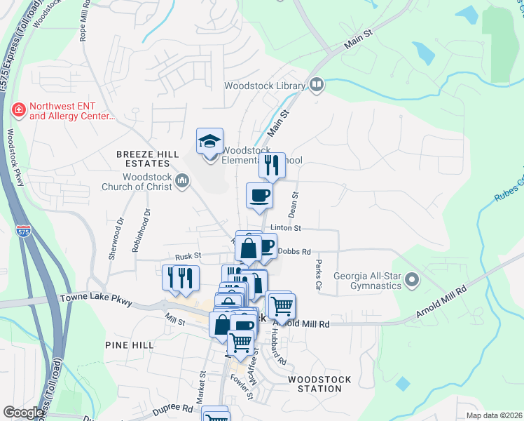 map of restaurants, bars, coffee shops, grocery stores, and more near 8165 Main Street in Woodstock
