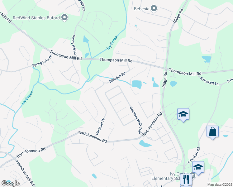 map of restaurants, bars, coffee shops, grocery stores, and more near 3188 Bradford Pear Drive in Buford