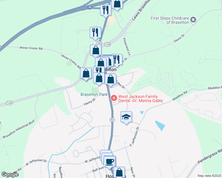 map of restaurants, bars, coffee shops, grocery stores, and more near 4982 Highway 53 in Braselton